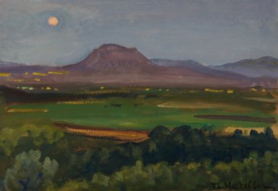 Landscape with Acrocorinth and Moon — Oil painting, Fiberboard, 35.00×50.00cm — Theodoros Markellos